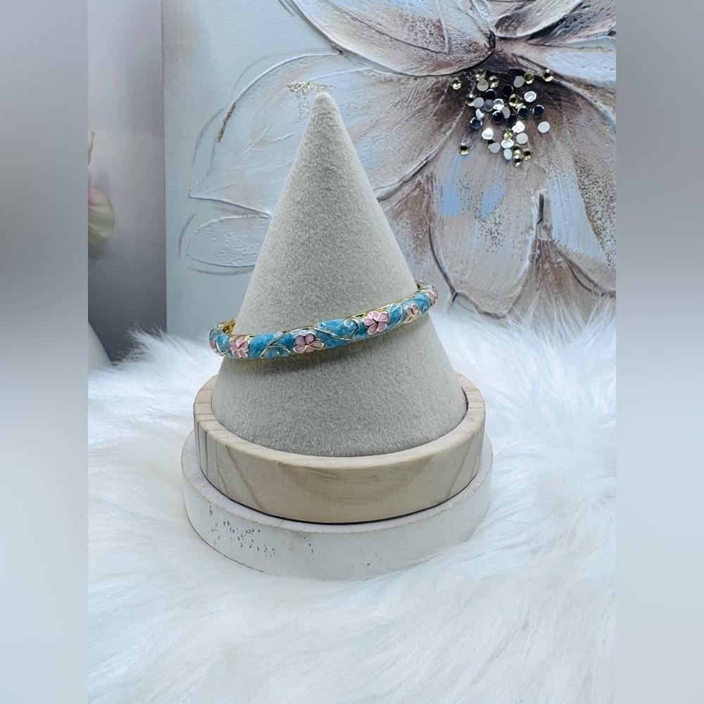 Cotton Candy Blue & Pink Flower Enamel Cloisonne Bracelet Bangle
